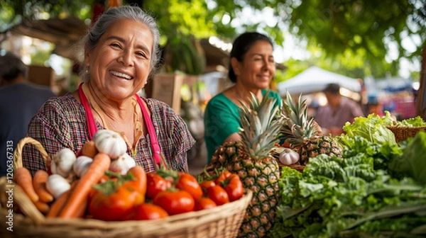 Fototapeta Farmers Market Scene with Diverse Community and Fresh Produce