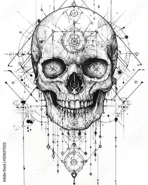 Fototapeta A tattoo design featuring a skull with alchemical symbols appearing within or around it