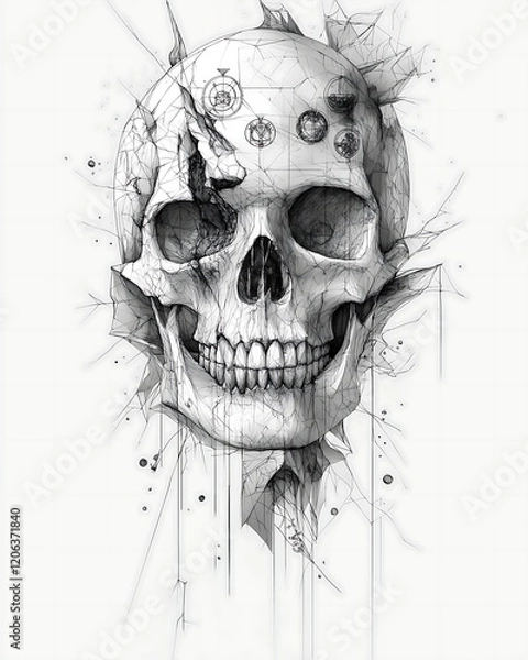 Fototapeta A tattoo design featuring a skull with alchemical symbols appearing within or around it