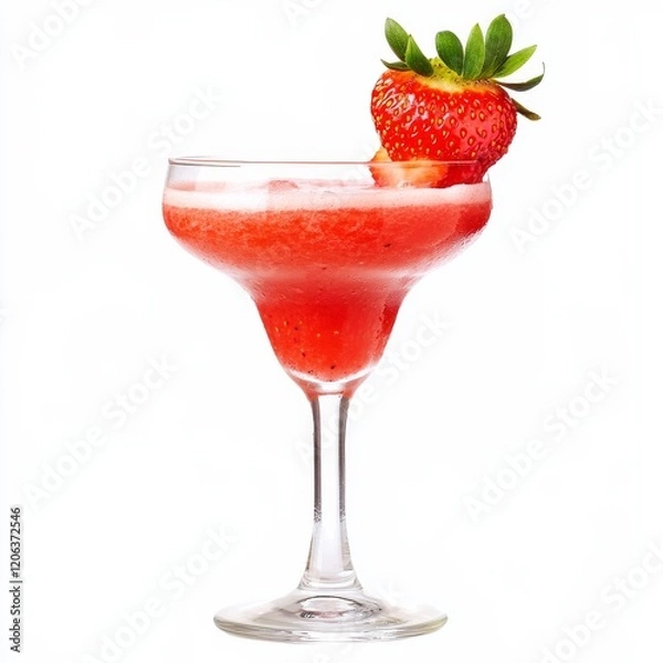 Fototapeta A fruity strawberry daiquiri with strawberry garnish, presented against an isolated white background, chiaroscuro art style