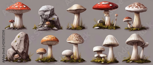 Fototapeta Various types of raw mushrooms showcasing unique textures and colors