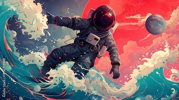 Fototapeta Astronaut surfing cosmic wave, red planet backdrop, space exploration