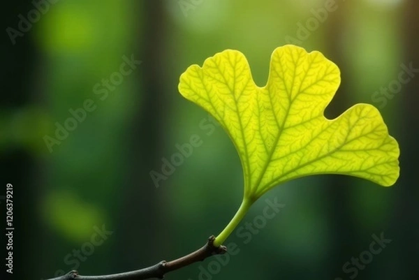 Fototapeta Single yellowish ginkgo biloba leaf on a bare twig, single stem, nature, botanical