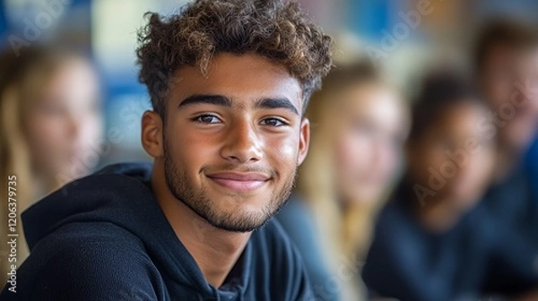 Fototapeta Young Smiling Boy Engages With Classmates During a Classroom Activity in a Bright, Cheerful Educational Environment