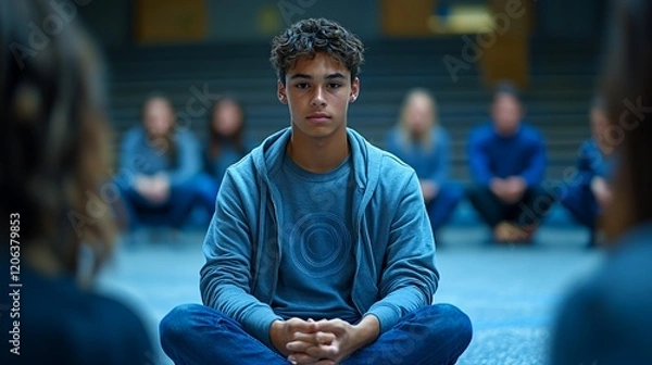 Fototapeta Young Man Sits in Meditation With Others in a Quiet Indoor Space During a Group Session Focused on Mindfulness and Self-Reflection