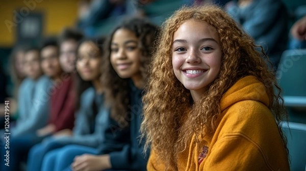 Fototapeta Group of Young Friends Enjoying an Event in a Sports Arena With Lively Expressions and Bright Smiles in the Background