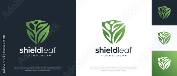 Fototapeta Nature security shield logo design. Vector icon of shield logo design with nature leaf.