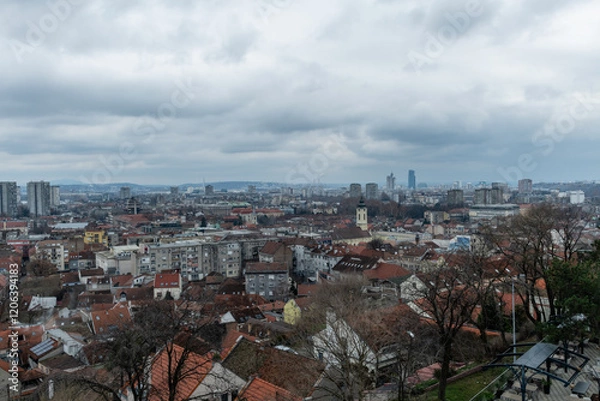 Obraz Scenic panoramic aerial view of Belgrade under heavily overcast sky in winter, Serbia