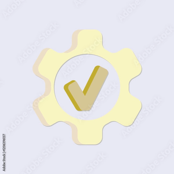 Fototapeta Settings illustration with a yellow gear and checkmark against a light gray background
