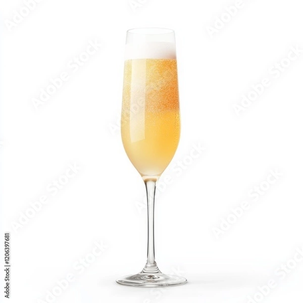 Fototapeta A luxurious Bellini with a blend of peach puree and Prosecco, served in a slender champagne flute, isolated white background