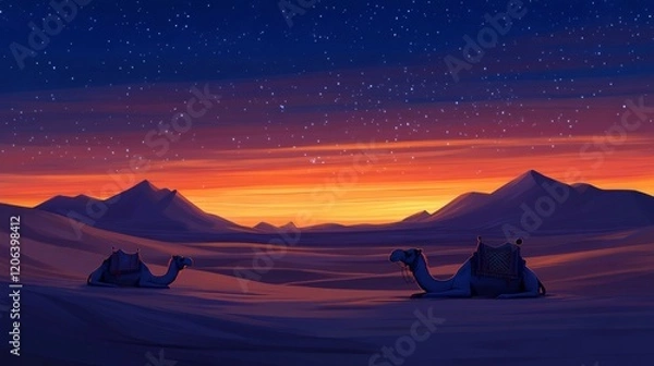 Fototapeta Two Camels Resting Underneath A Starry Desert Sky