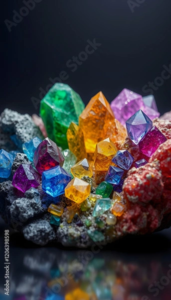 Fototapeta 3D depiction of minerals formed from rare earth elements, colorful, with white tones