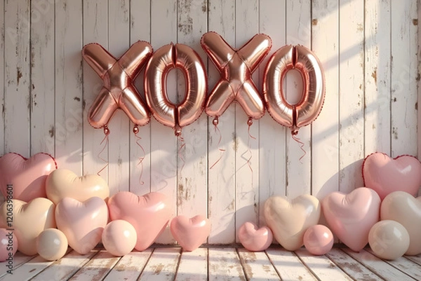 Obraz Xoxo word and heart from pink inflatable balloons 