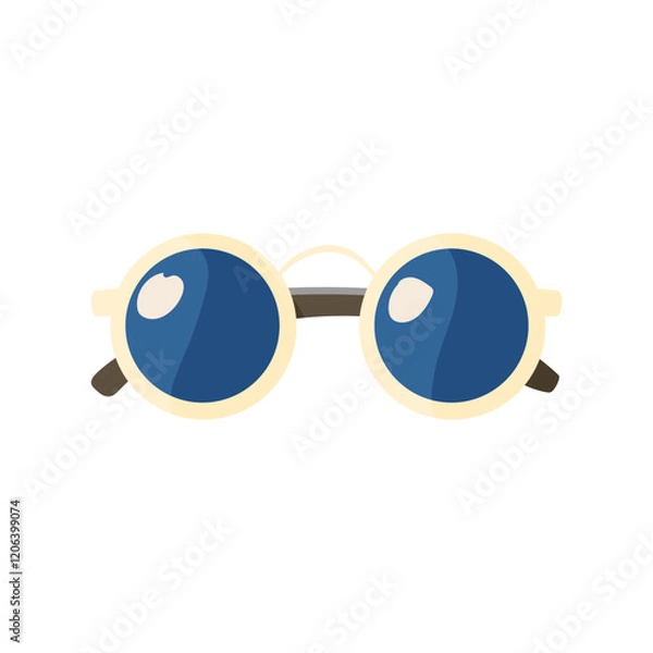 Fototapeta A pair of sunglasses with a blue lens. The sunglasses are white and have a brown frame. The sunglasses are sitting on a white background