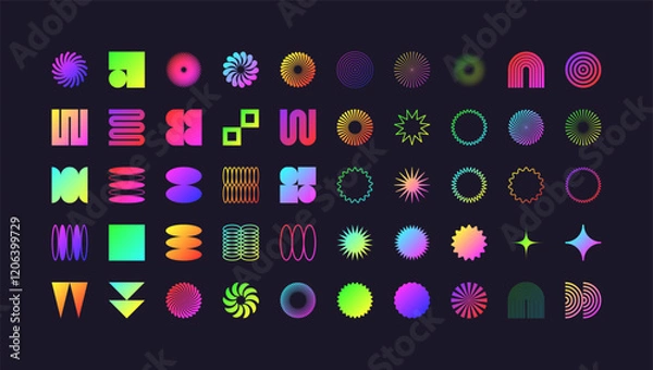 Fototapeta Brutalist geometric shapes, modern symbols. Colorful neon simple primitive elements and forms. Retro design, trendy contemporary minimalist style, y2k. Vector illustration