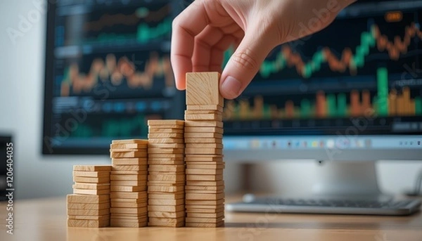 Fototapeta Growth and Success: A Close-Up of a Hand Placing a Wooden Block on a Tower with Graphs in the Background
