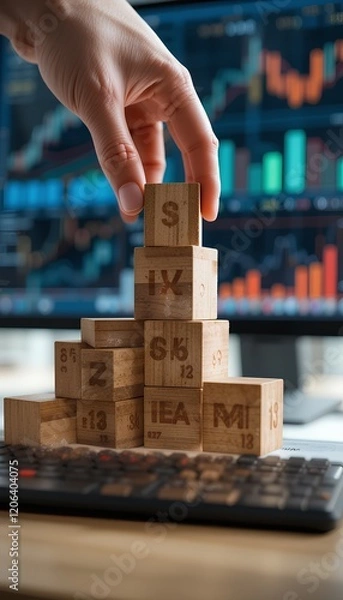 Fototapeta Growth and Success: A Close-Up of a Hand Placing a Wooden Block on a Tower with Graphs in the Background