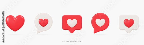 Fototapeta 3D Social media likes and emoji icon set. Speech bubble messages with red and beige hearts. Love chat. Reaction buttons. Valentine's Day. Cartoon design icons isolated on white. 3D Vector illustration