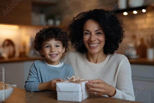 Fototapeta A heartwarming scene of a woman and a child sharing a gift, capturing their smiles and joy in a cozy kitchen setting filled with warmth and love.