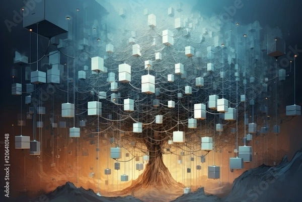 Fototapeta Surreal tree supports numerous hanging cubes, creating a mystical and otherworldly atmosphere in a digitally generated landscape
