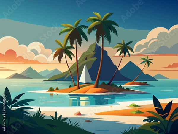 Fototapeta A tropical island in the Banda Sea with white sand beaches and palm trees.