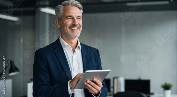 Fototapeta Happy middle aged business man ceo wearing suit standing in office using digital tablet. Smiling mature businessman professional executive manager looking away thinking working on tech device.
