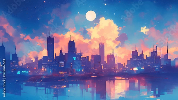 Fototapeta 夜明けの街並みと色鮮やかな星空のコントラスト。優しい水彩画タッチの美しいアート。