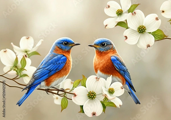 Fototapeta Birds in Floral Art with Bluebirds on Branches