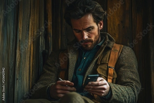 Fototapeta A bearded man sits in a wooden alcove, using his smartphone and a pen, seemingly engrossed in his task.