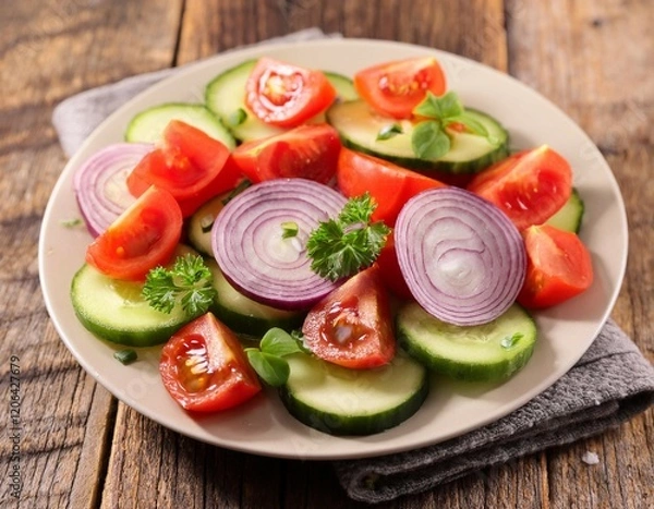 Obraz fresh tomato and cucumber salad with red onion