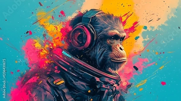 Fototapeta Cosmic Chimp Astronaut monkey listening to music in vibrant space