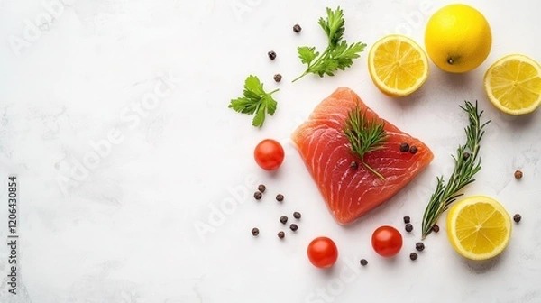 Fototapeta Fresh salmon fillet garnished with herbs and lemon slices on a marble surface