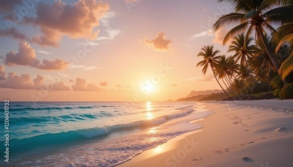 Fototapeta Sunrise Over Crystal Waters: A Tropical Beach with Palm Trees and Golden Sunlight Reflecting on the Ocean