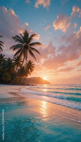Fototapeta Sunrise Over Crystal Waters: A Tropical Beach with Palm Trees and Golden Sunlight Reflecting on the Ocean