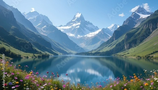 Fototapeta Majestic Peaks and Serene Valleys: A Mountain Landscape with Snow-Capped Summits and a Calm Lake Below