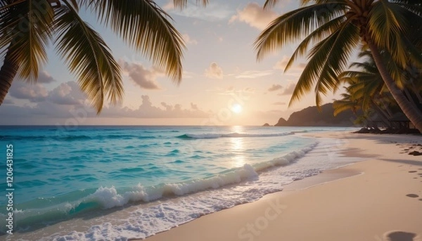 Fototapeta Sunrise Over Crystal Waters: A Tropical Beach with Palm Trees and Golden Sunlight Reflecting on the Ocean