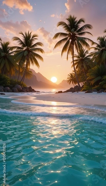 Fototapeta Sunrise Over Crystal Waters: A Tropical Beach with Palm Trees and Golden Sunlight Reflecting on the Ocean