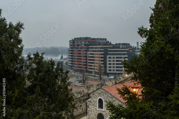 Obraz Scenic aerial Belgrade Fortress vista with the Danube river in the background in winter, Serbia
