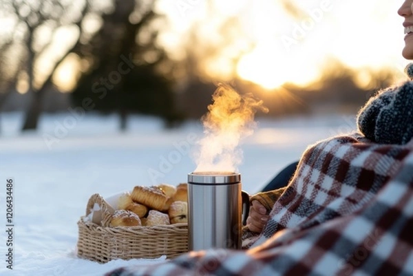 Fototapeta An inviting setup of hot coffee and pastries nestled in a basket against a backdrop of snow, showcasing a cozy moment perfect for winter well-being.