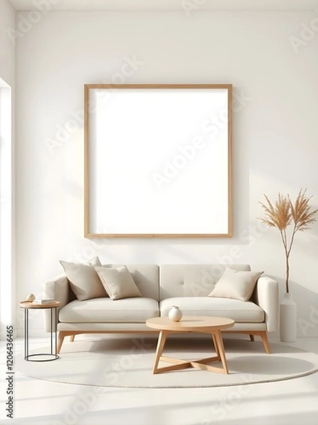 Fototapeta minimalist living room interior with bright airy design, white wall, wooden frame mockup, beige sofa, round coffee table, soft peaceful lighting, modern aesthetic
