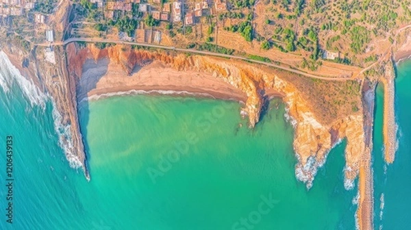 Fototapeta Aerial view of secluded beach nestled between dramatic cliffs and turquoise ocean.