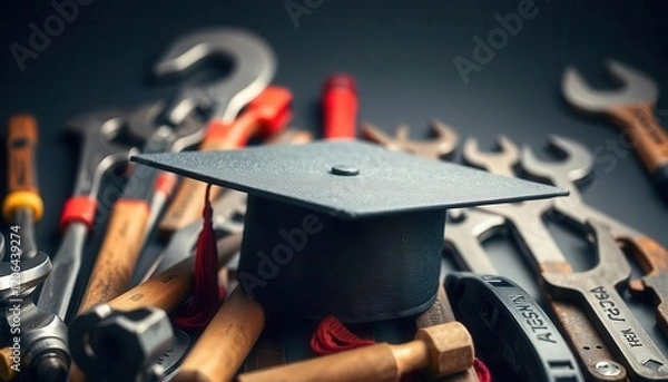 Obraz Tools and graduation cap display workshop photography industrial setting close-up learning and craftsmanship