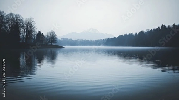Fototapeta Serene lake reflecting misty mountains and trees.
