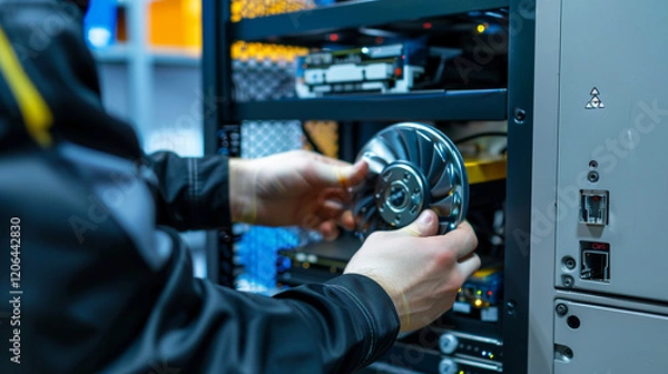 Obraz A technician installing a new hard drive in a computer. stock image, hd quality