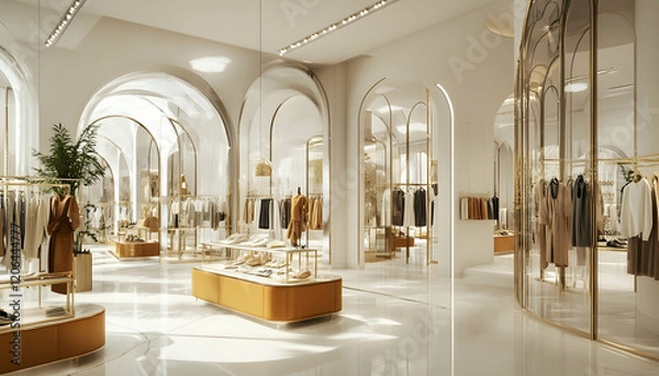 Fototapeta Clothing boutique inside a bright shopping mall, featuring a spacious and sophisticated interior with a clear glass facade, retail store displaying a luxury collection of contemporary urban outfits