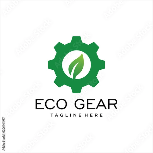 Fototapeta A simple green eco-friendly logo design featuring a gear symbol with nature-inspired elements such as leaves representing sustainability and environmental preservation.