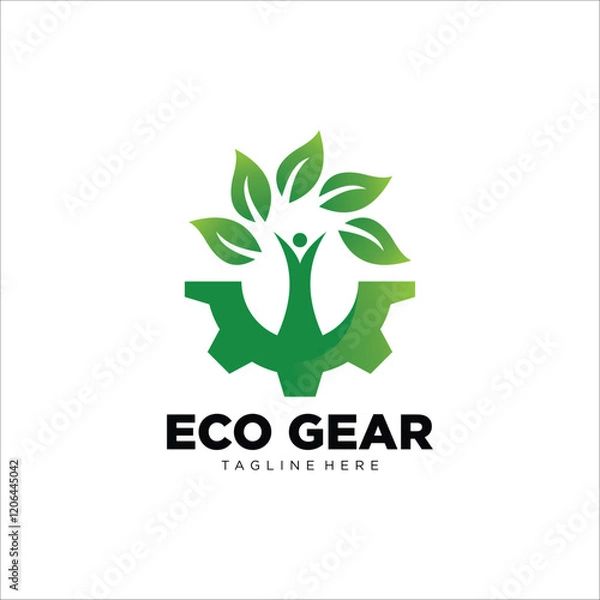 Fototapeta A simple green eco-friendly logo design featuring a gear symbol with nature-inspired elements such as leaves representing sustainability and environmental preservation.