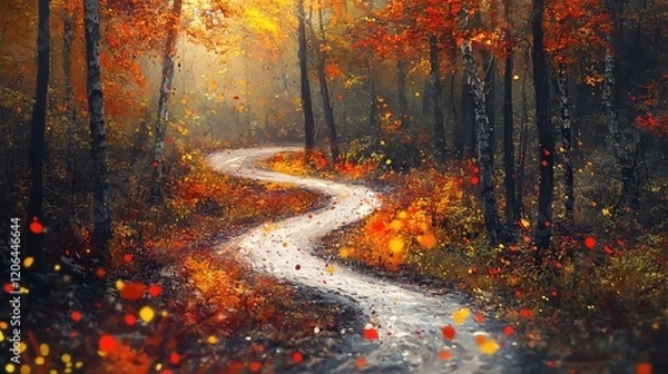 Fototapeta Magical Autumn Path with Golden and Red Leaves, Winding Forest Road in Warm Fall Colors with Enchanting Seasonal Landscape Illustration