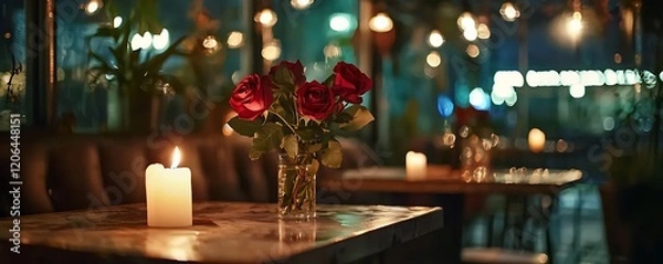 Obraz Restaurant date night with roses and candles for a romantic Valentinea??s Day atmosphere
