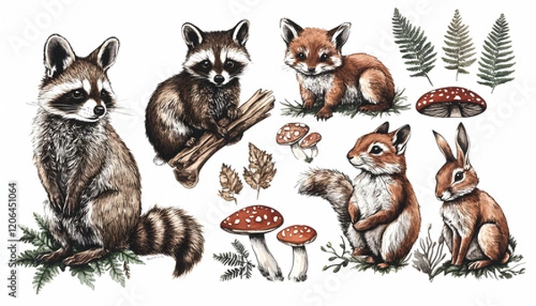 Fototapeta Forest animals hand drawn set. Realistic wildlife animals and natural elements collection. Raccoon, bunny, rabbit, brown owl, red fox, squirrel forest fern and mushrooms elements. White background